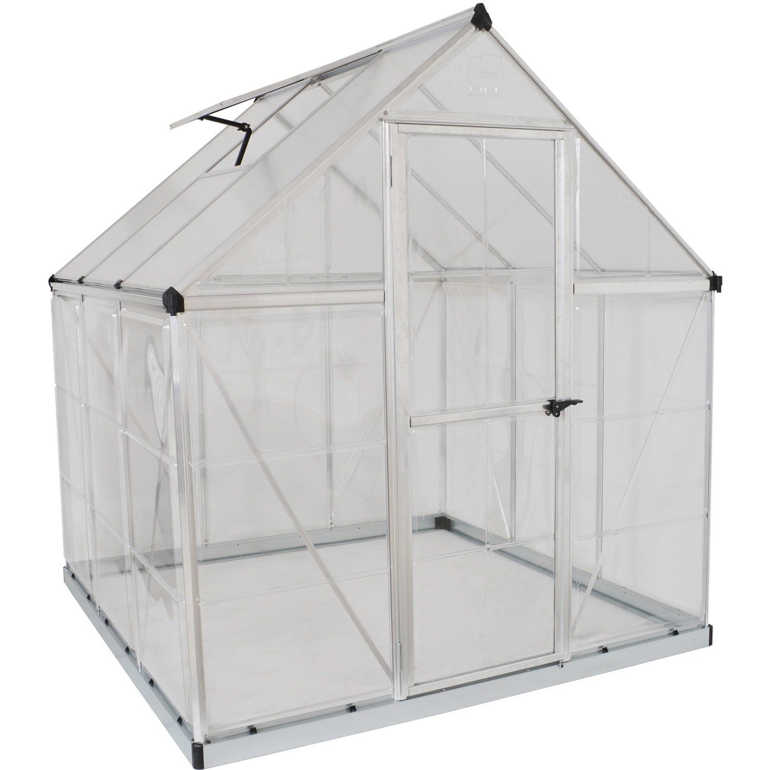 Palram Canopia Hybrid Gewächshaus, 1.9x1.9 m, silberner Rahmen, klare Wände, mit Dachfenster und Tür.