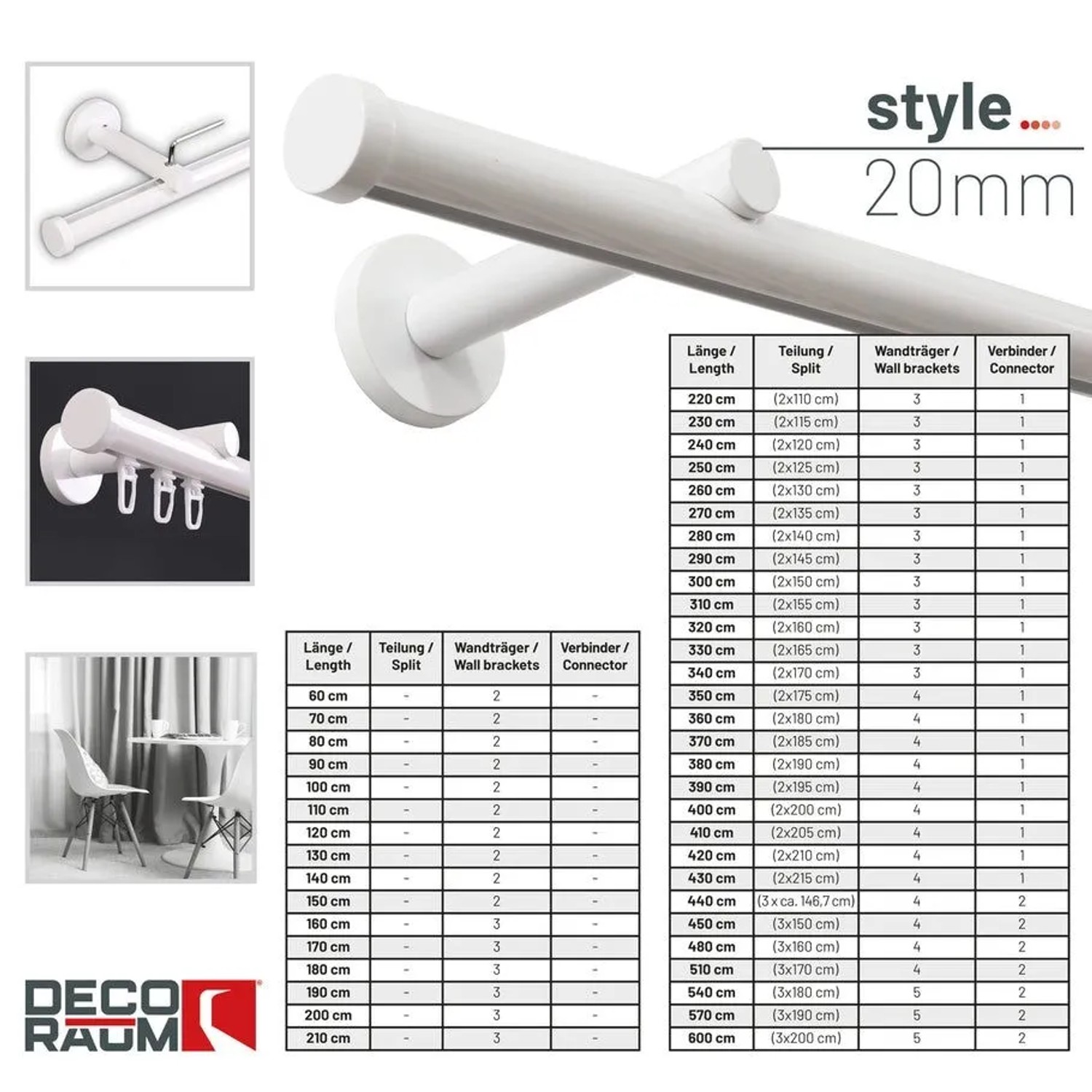 Weiße Deco-Raum 1-Lauf Gardinenstange Innenlauf 20mm mit Kappe, nach Maß, für Fensterdekoration.