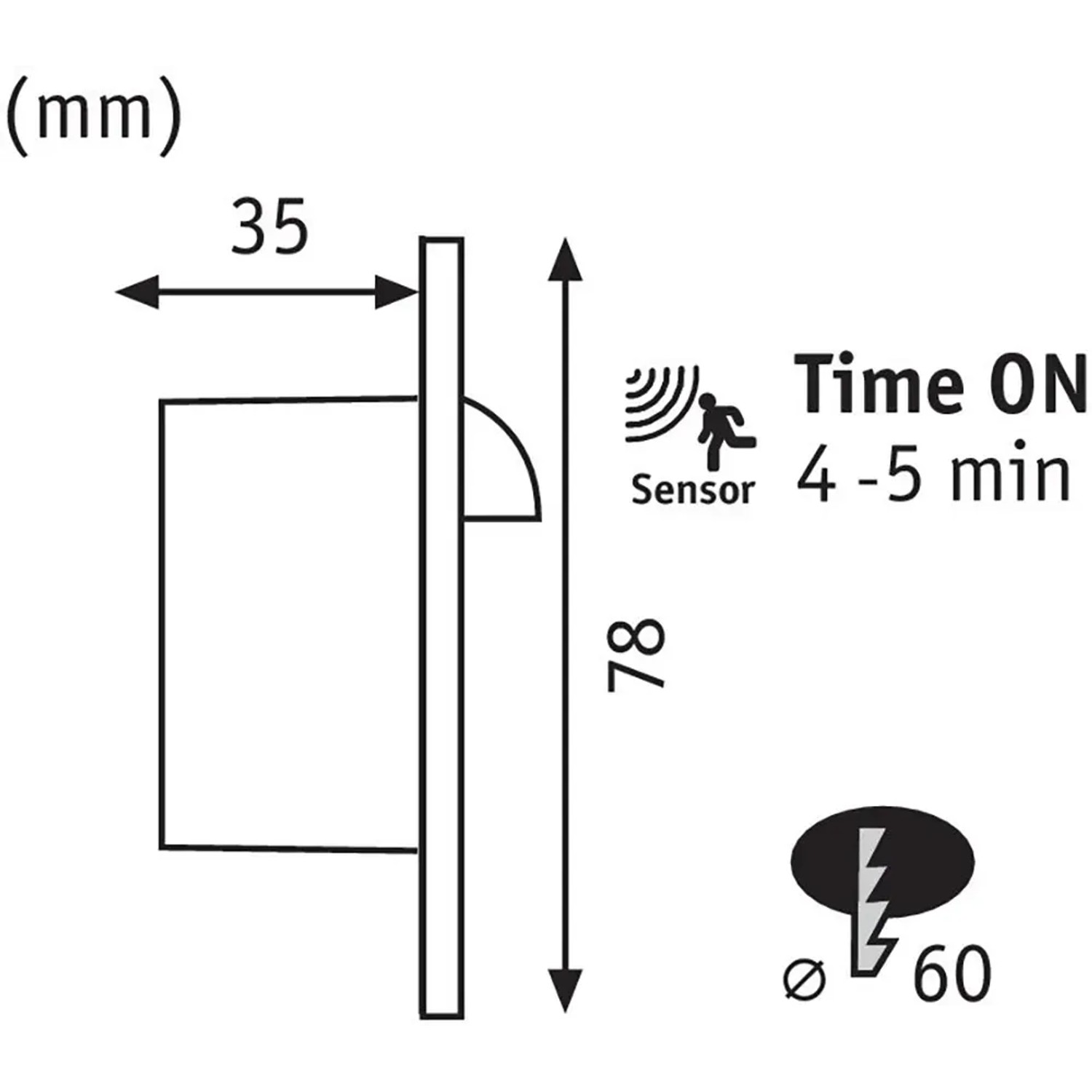 Technische Zeichnung der Paulmann Wandeinbauleuchte EBL mit Maßen und Sensor-Symbol.