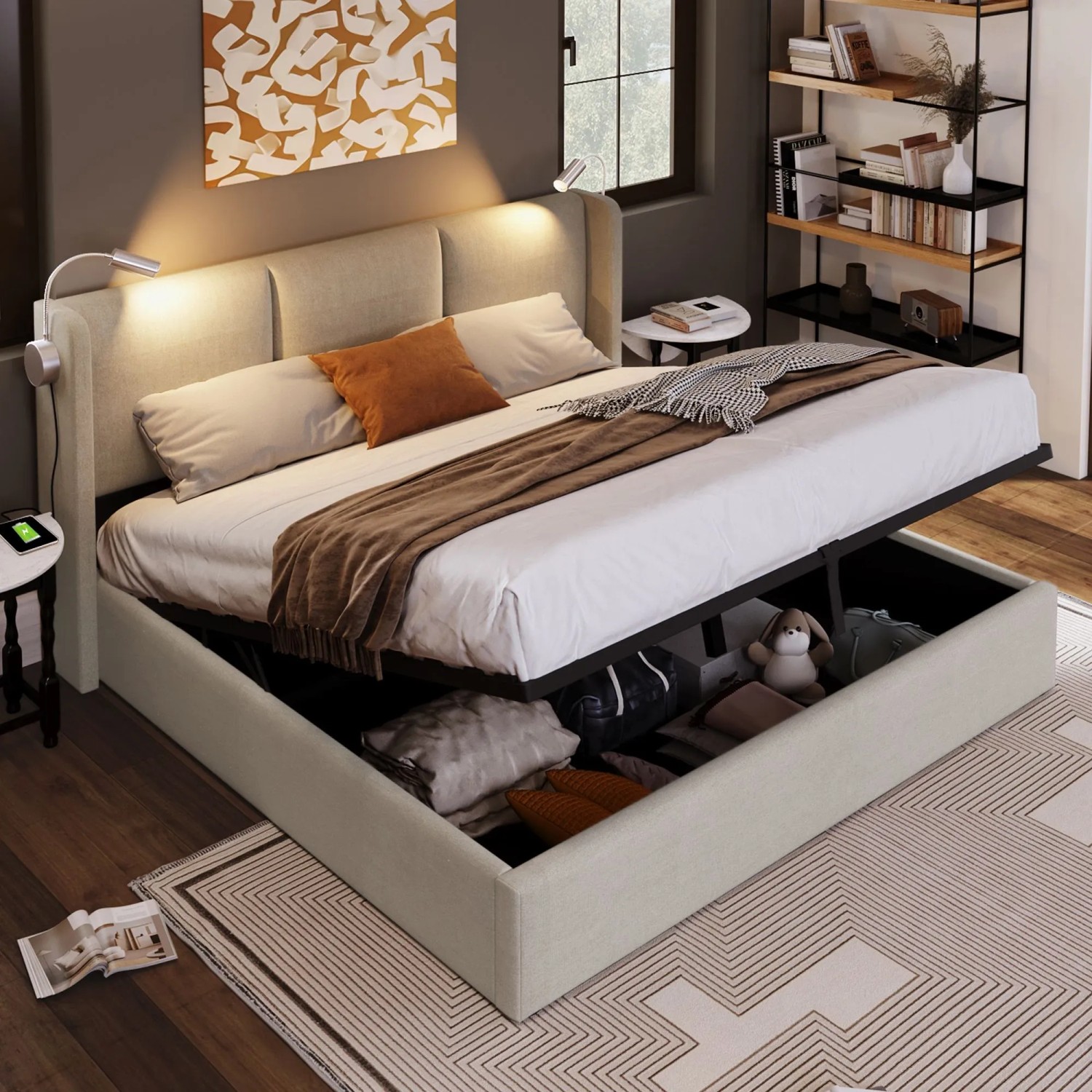 okwish Polsterbett 160x200cm mit Stauraum USB Leselicht Jugendzimmer Beige ohne Matratze_10