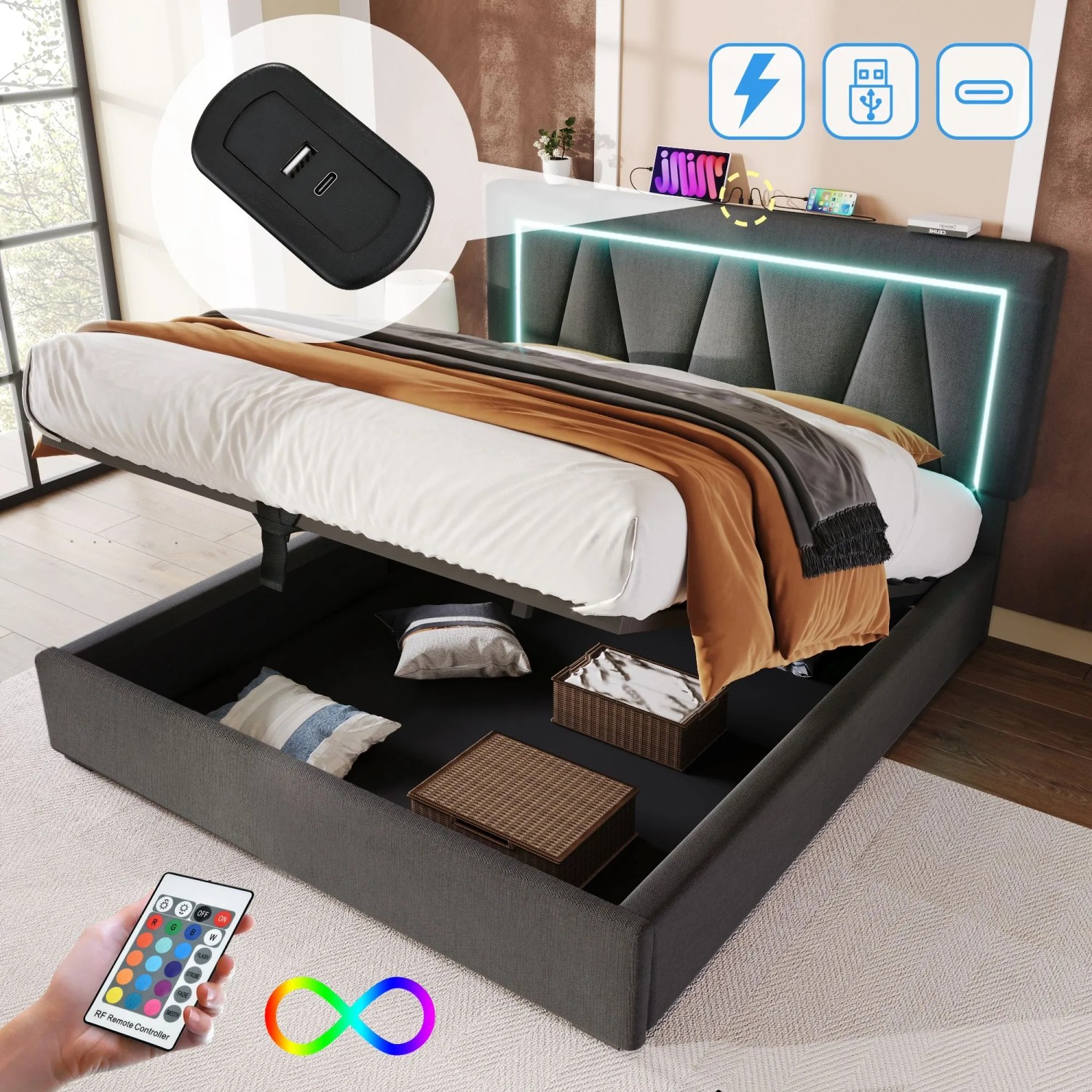 okwish Polsterbett 140x200cm mit LED USB C Stauraum Jugendzimmer Grau ohne Matratze_7