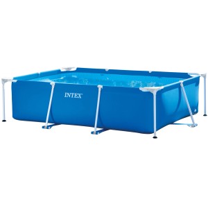 Blauer Intex Frame Pool Family, 220x150x60 cm, mit weißem Stahlrahmen.