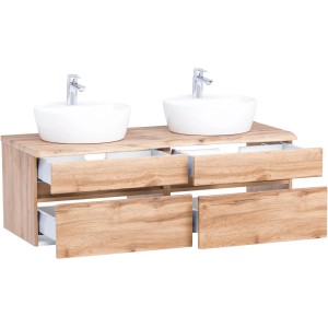 Held Möbel Doppelwaschtisch-Set Trient 120 cm in Wotaneiche mit Aufsatzbecken und offenen Schubladen.