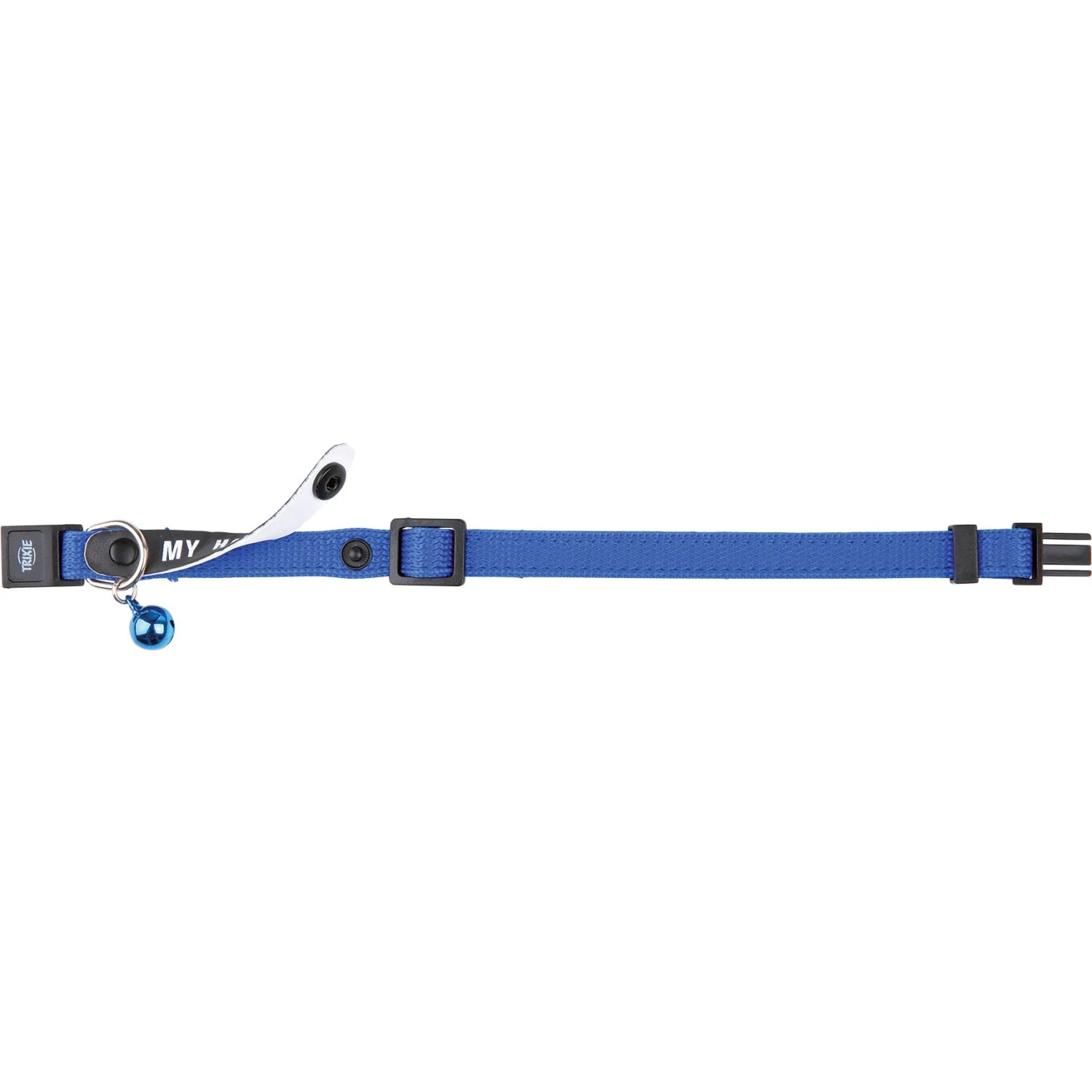 Blaues Trixie Katzenhalsband aus Nylon mit Adresslasche und Glöckchen.