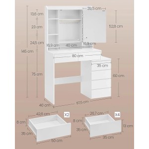 Weißer Songmics Schminktisch Kailyn mit Schubladenschrank und Maßangaben.