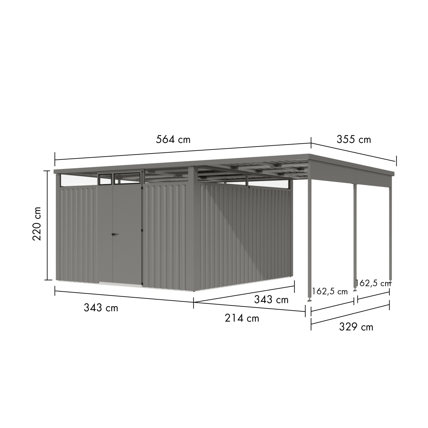 Karibu Metallgerätehaus Amato 3,5 m mit Anbaudach in Graualuminium, Maße: 220x342x342 cm.
