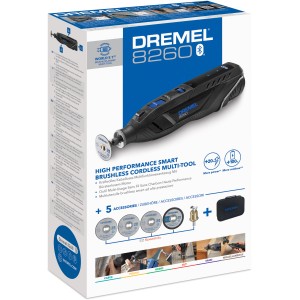 DREMEL® 8260-5 Multifunktionswerkzeug-Set mit Akku, Zubehör und Aufbewahrungskoffer.