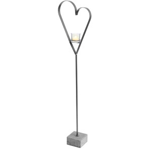 Windlicht Herz auf Betonfuß, 140 cm hoch, anthrazitfarbenes Metall, Kerzenglas.