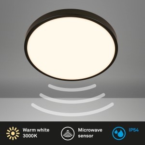 Schwarze Brilo Deckenleuchte Chet mit Bewegungsmelder und warmweißem Licht.