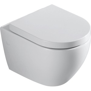 Weißes, spülrandloses Verosan+ Wand-WC Rivo mit WC-Sitz. Hänge-WC für moderne Bäder.