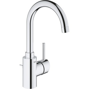 Grohe Concetto Waschtischarmatur L-Size in Chrom mit hohem Auslauf und Zugstangen-Ablaufgarnitur.