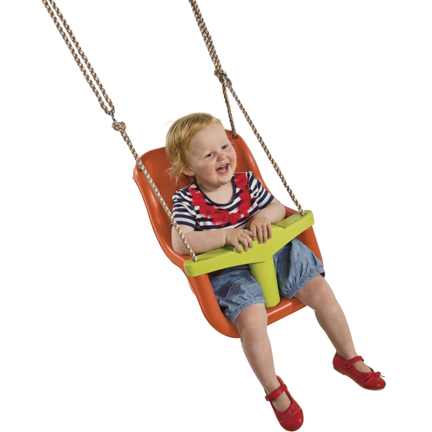 Kindersitzschaukel Orange-Lindgrün von AXI mit Kind. Babyschaukel für sicheren Schaukelspaß.