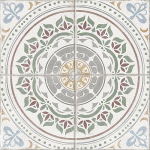 Bodenfliese Albergo Grau mit floralem Patchwork-Muster, 42x42 cm.