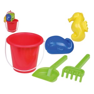 Mehrfarbige Sandeimer-Garnitur mit Eimer, Schaufel, Harke und Sandformen für Spiel & Spaß.