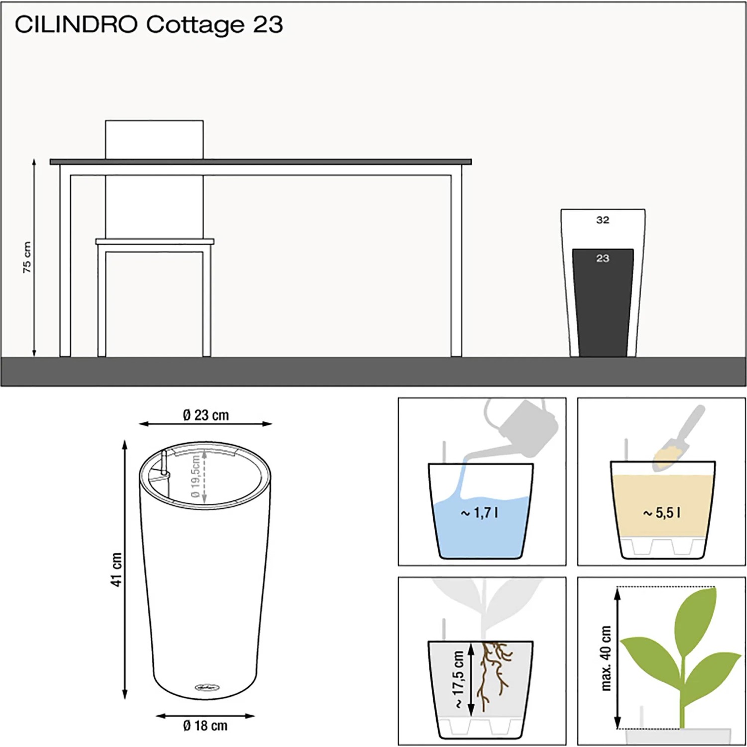 Lechuza Cilindro Cottage 23 Pflanzsäule, sandbraun, mit Maßen und Füllmengen für Bewässerung.