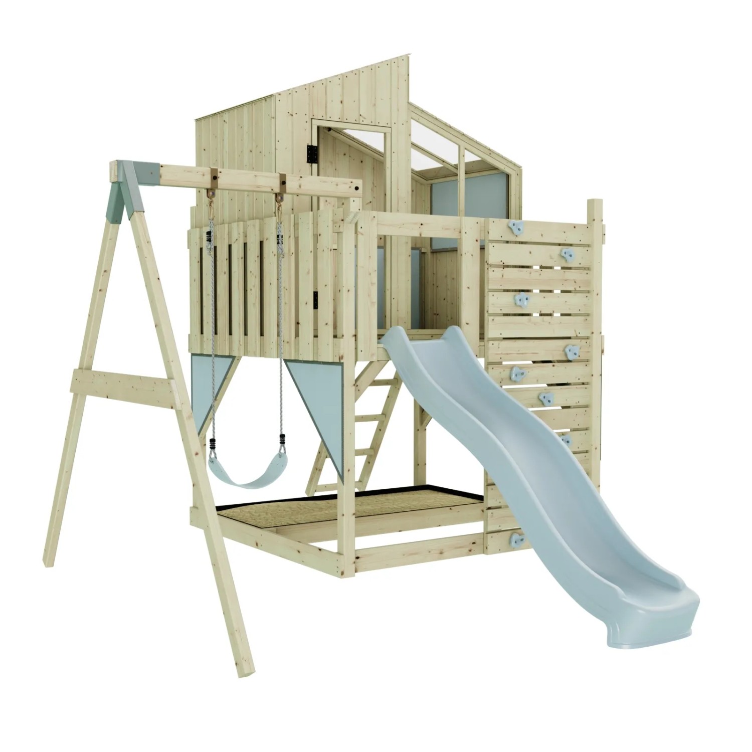 PolarPlay Kinderschaukel Lotta Eisblau mit Spielturm, Rutsche und Kletterwand.