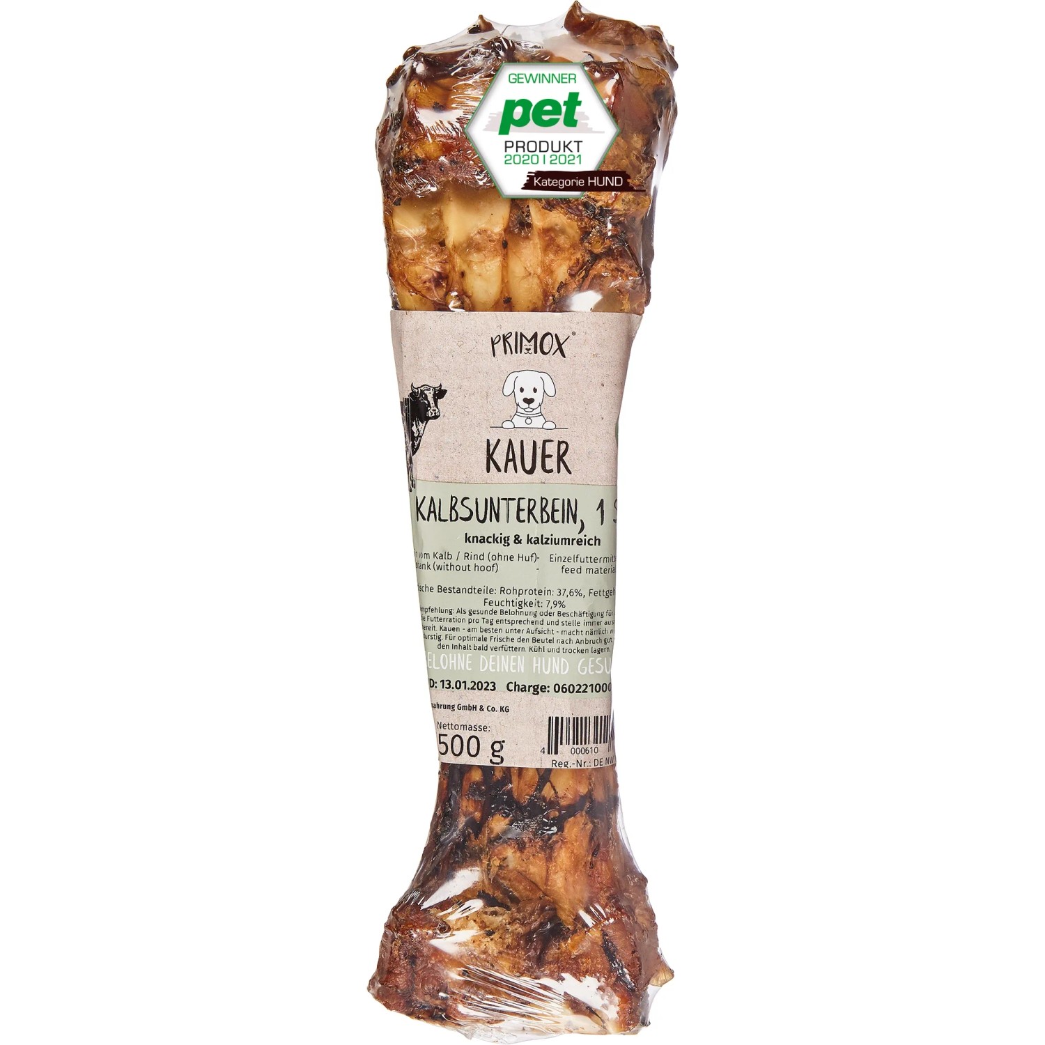Primox Hunde-Snack Kalbsunterbein, 1 Stück. Getrockneter Kauartikel für Hunde.