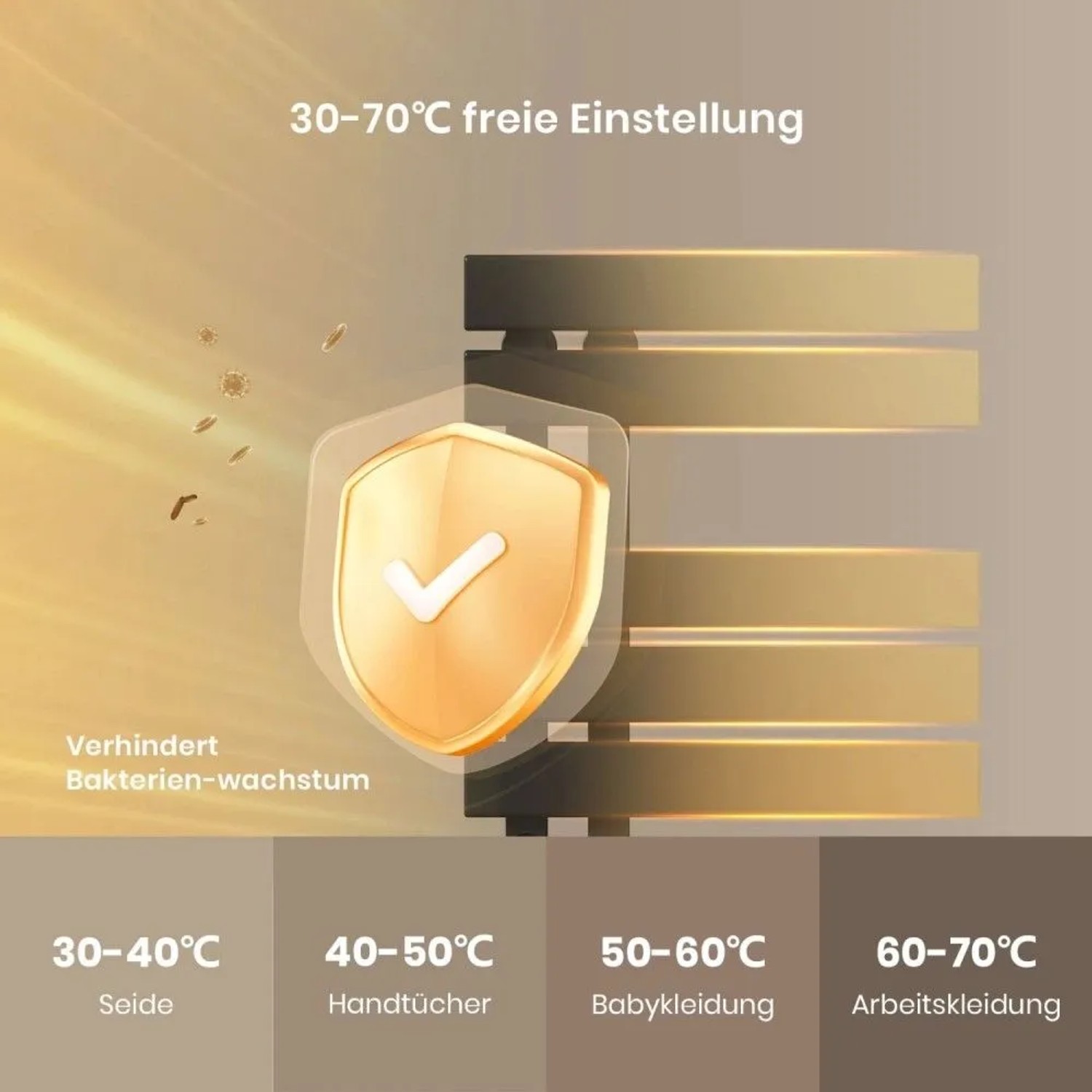 Schwarzer elektrischer Handtuchwärmer mit 30-70°C Temperaturregelung, verhindert Bakterienwachstum. Ideal für Handtücher, Babykleidung.