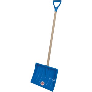 Blauer SONNECK Kinder Schneeschieber MAXI aus Kunststoff mit Holzstiel und D-Griff.