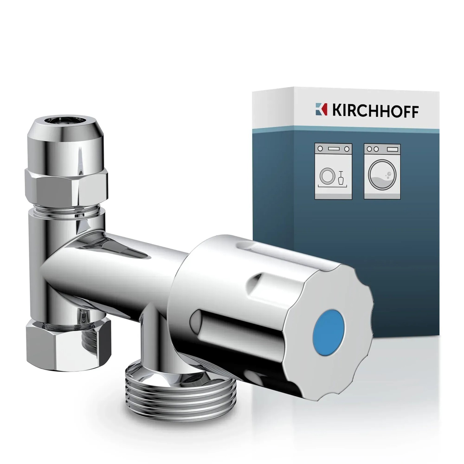 Kirchhoff Geräte-Zusatzventil, verchromt, mit mehreren Anschlussgrößen für Waschmaschine und Spülmaschine.