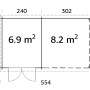 Grundriss Palmako Ella Holz-Gartenhaus: 300x340 cm, unbehandelt, mit Flächenangaben.