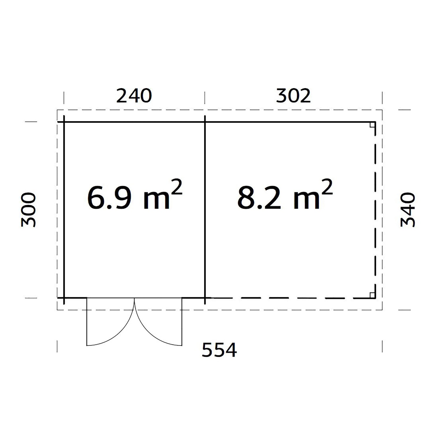 Grundriss Palmako Ella Holz-Gartenhaus: 300x340 cm, unbehandelt, mit Flächenangaben.