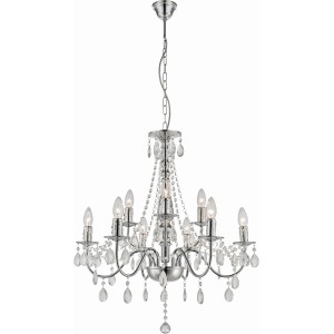 Kronleuchter WILLIAM Chrom mit klaren Acrylkristallen für 9 Leuchtmittel. Elegante Hängelampe.