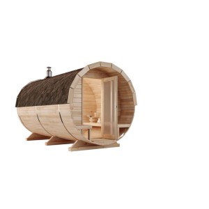 Finntherm Fass-Sauna Charlotte aus Fichte, Ø 215 cm, mit Vordach und schwarzen Dachschindeln.