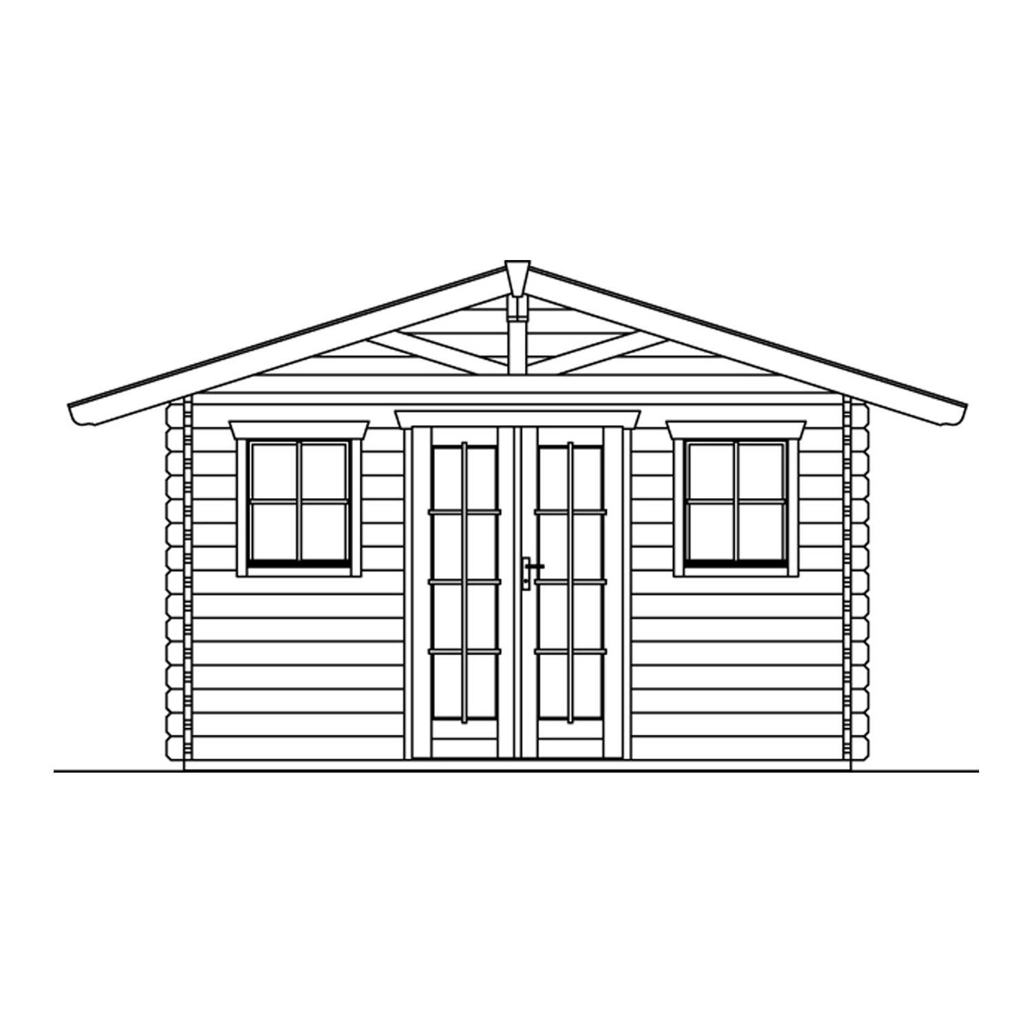 Illustration: Skan Holz Gartenhaus Davos 1, 380x300 cm, Naturholz mit Doppeltür und Fenstern.