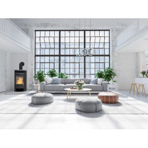 Schwarzer Fireplace Jakarta Kaminofen mit Speckstein in modernem Wohnraum.