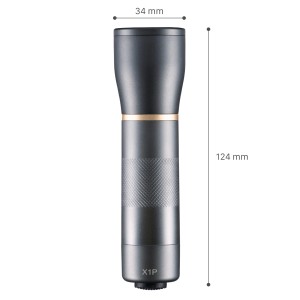LED's Work Taschenlampe, 450lm, dimmbar und zoombar, graues Gehäuse mit Maßangaben.