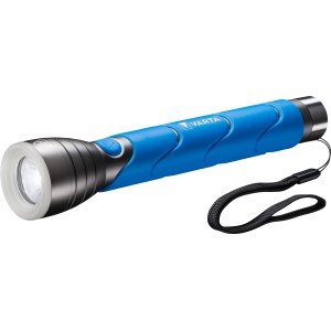 Blaue Varta LED-Taschenlampe Outdoor Sports F30 mit Handschlaufe und Batterien.