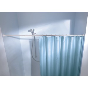 Chromfarbene, ausziehbare Kleine Wolke Federstange (130-250 cm) mit Duschvorhang in Badezimmer.