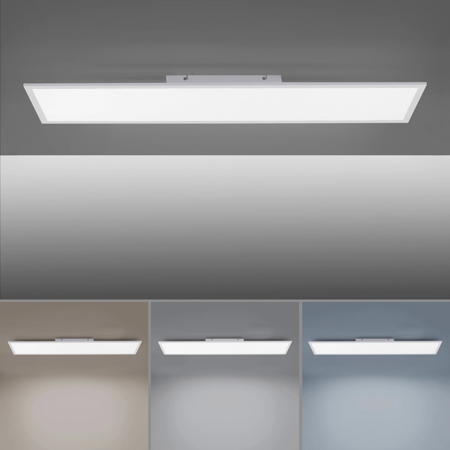 Dimmbare LED-Deckenleuchte, 100x25 cm, weißes Panel mit verschiedenen Lichtfarben.
