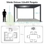Technische Zeichnung der Weide Deluxe Pergola 3,6x4m. Zeigt Maße, Aluminiumstruktur, Lamellendach und Möbel-Layouts.