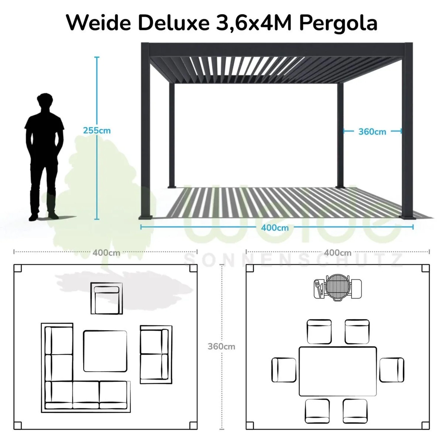 Technische Zeichnung der Weide Deluxe Pergola 3,6x4m. Zeigt Maße, Aluminiumstruktur, Lamellendach und Möbel-Layouts.