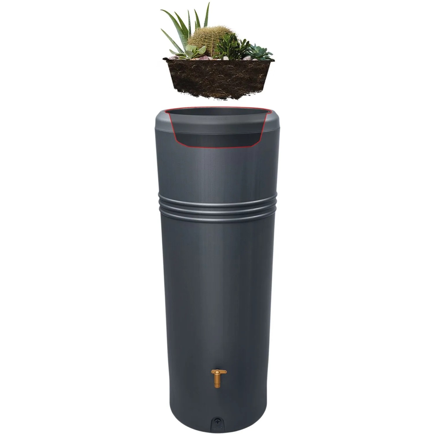 4rain AZURA 2in1 Regentonne 340 l in Grau mit Pflanzschale und Auslaufhahn.