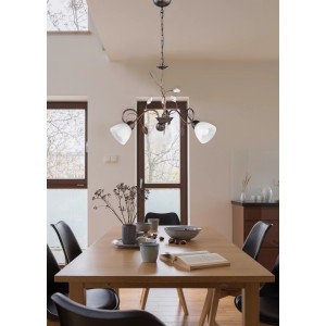 Kronleuchter Trio Krone Traditio, antik-rostfarben, mit drei Leuchten und alabasterfarbenen Gläsern.