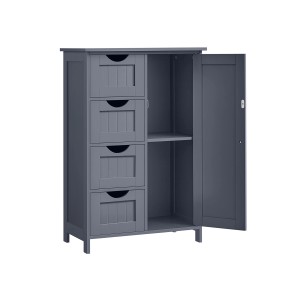 Schmaler, grauer Vasagle Badschrank mit 4 Schubladen und offener Tür mit Regalböden.