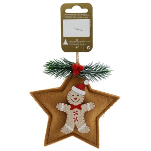 Brauner Holzstern mit Filz und Lebkuchenmann als Weihnachtsdeko zum Aufhängen, Ø 12,5 cm.