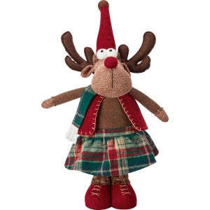 Stehender Stoff-Rentier in Rot/Braun mit Schottenrock als Weihnachtsdeko.