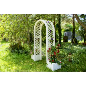 Weißer KHW Rosenbogen mit Pflanzkästen, Rankhilfe für Kletterpflanzen im Garten.