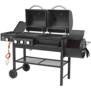 El Fuego 3in1 Kombigrill Sierra: Gas-, Kohle- und Smoker-Grill in Schwarz mit Ablageflächen und Rädern.