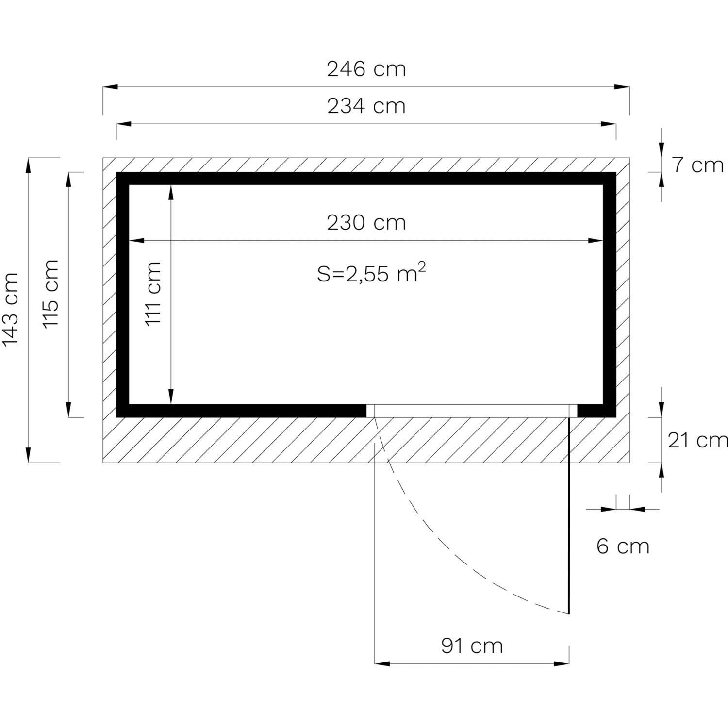 Grundriss Bertilo Gartenhaus Pentus 1 Natur, 115x234 cm, mit Maßangaben für Planung. Holz-Gartenhaus Details.