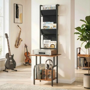 HOMCOM CD-Regal im Industriestil, rustikal-braun/schwarz, mit Stofffächern und Ablagen für Medien im Wohnzimmer.
