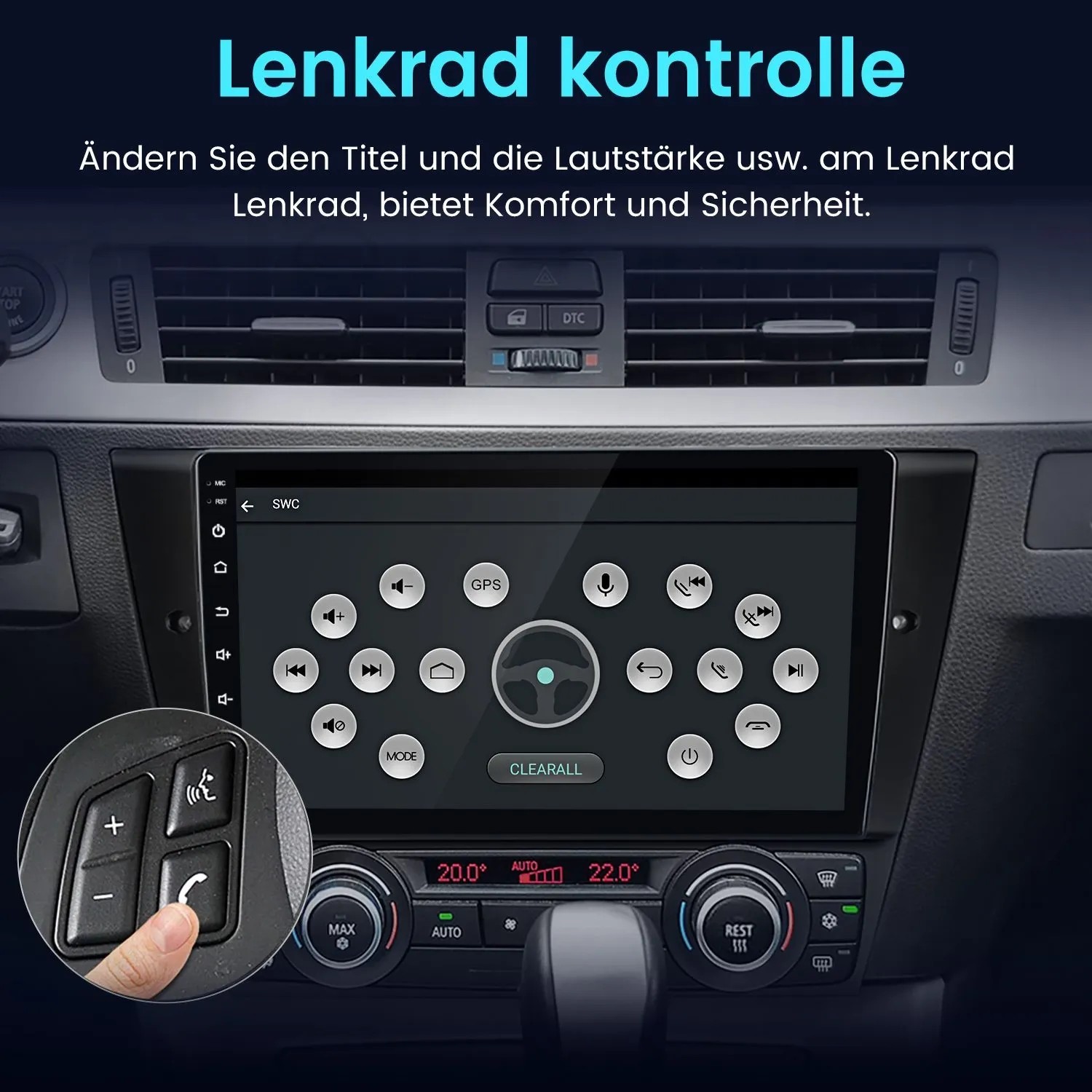 Junsun 9 Zoll Autoradio im BMW E90 mit Lenkradsteuerung. Zeigt Bedienung für Komfort & Sicherheit.