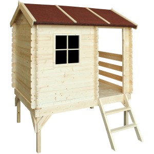 Timbela Kinderspielhaus M501B aus Holz auf Stelzen mit Leiter und Fenster.