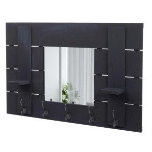 Dunkelgraue Wandgarderobe mit Spiegel und 5 Haken im Shabby-Look.
