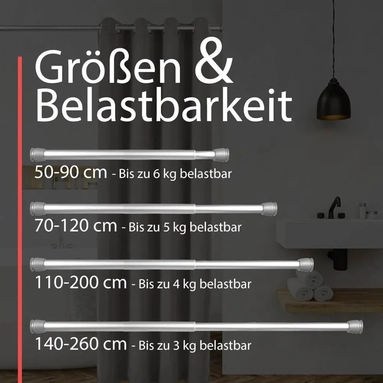 Bomoe Neptun Duschstangen in verschiedenen Größen und Belastbarkeiten.