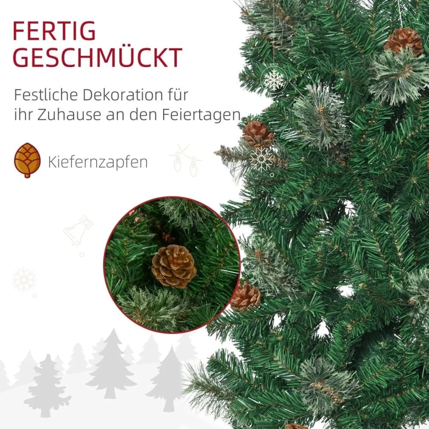 Grüner künstlicher Weihnachtsbaum mit Tannenzapfen und leicht beschneiten Zweigen. HOMCOM Weihnachtsdekoration.